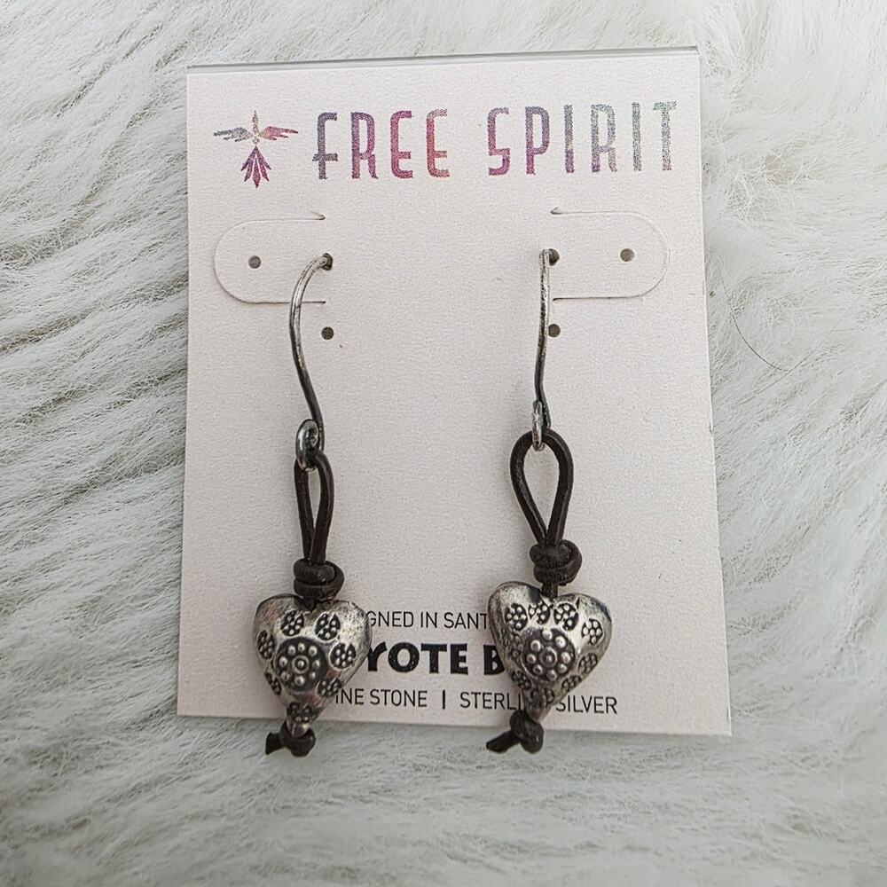 Peyote Bird Santa Fe Sterling Silver Heart Charm Drop Earrings Leather Knot NEW